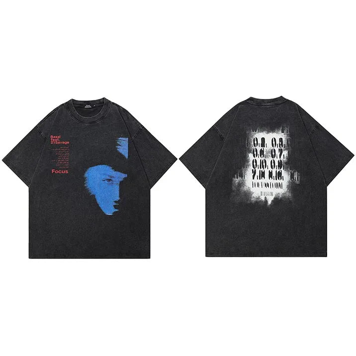 Y2K Black Face Shadow Graphic T-Shirt — fabric close-up