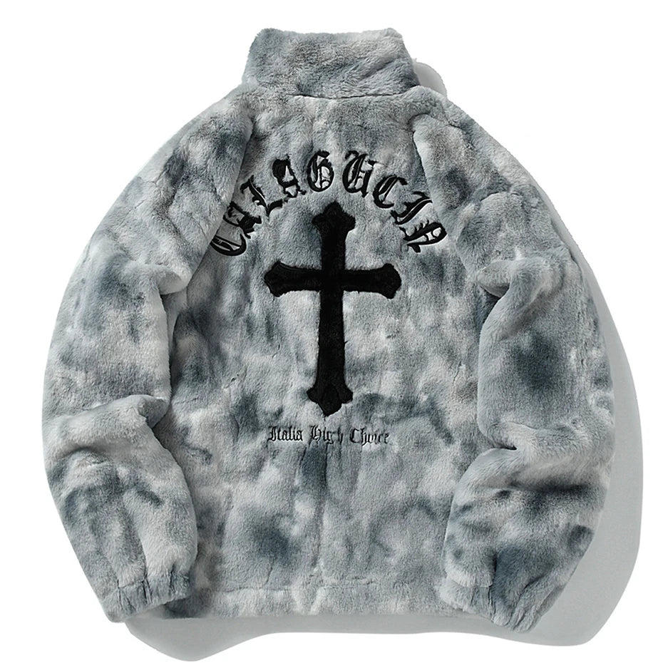 Vintage Cross Embroidered Fleece Oversized Coat — styling shot