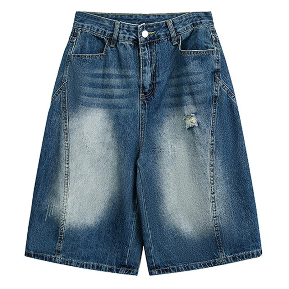 Y2K Blue Ripped Loose Denim Shorts — back view
