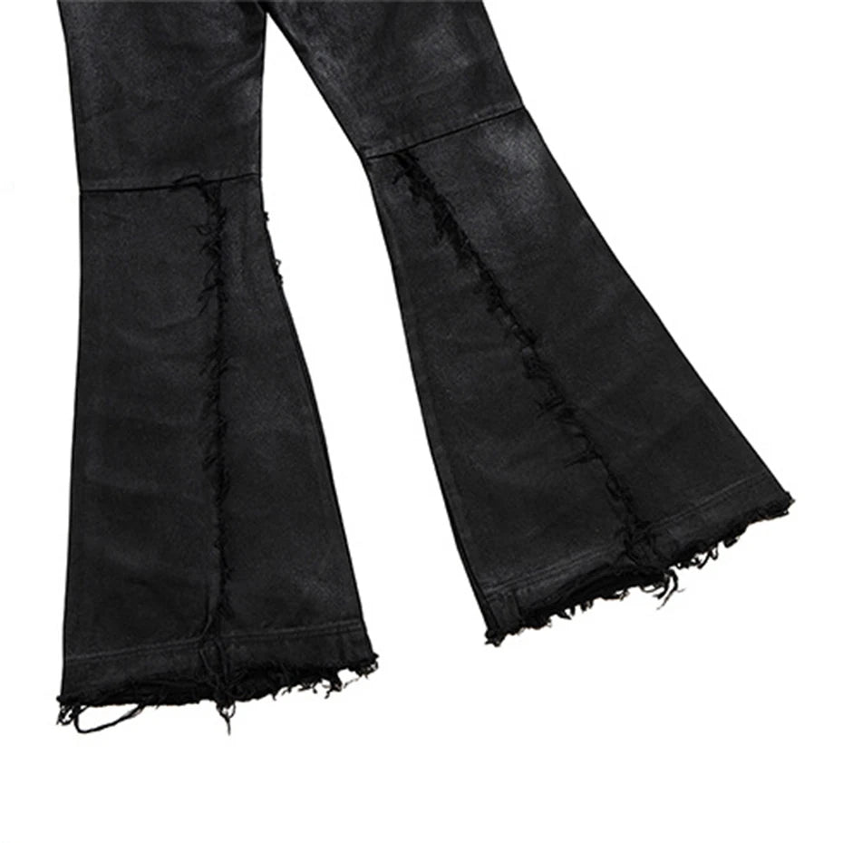 Vintage Red Print Flare Ripped Jeans — fabric close-up