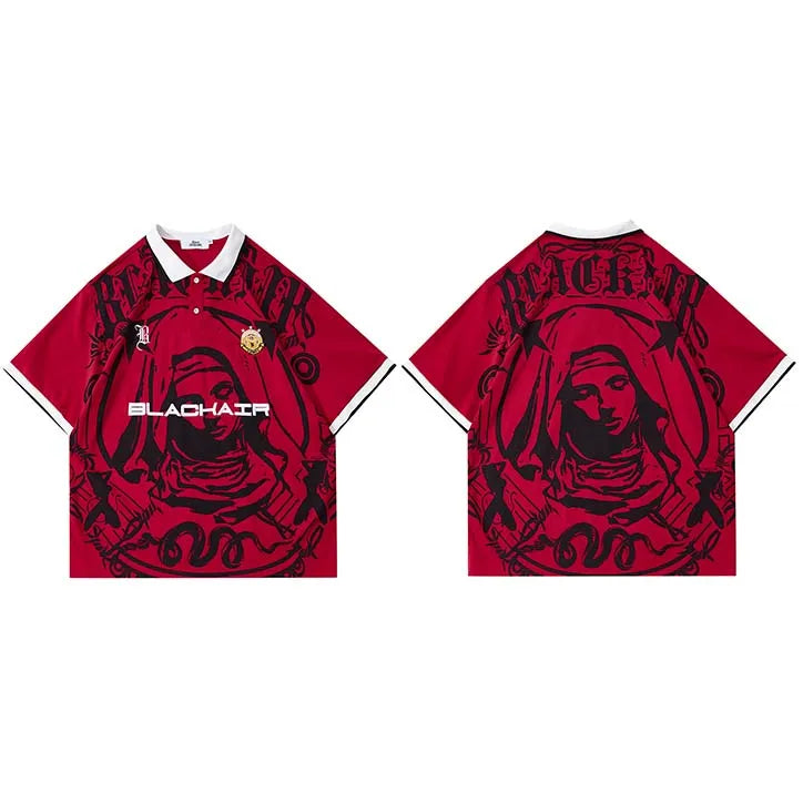 Retro Graphic Oversized Polo Shirt — fit shot
