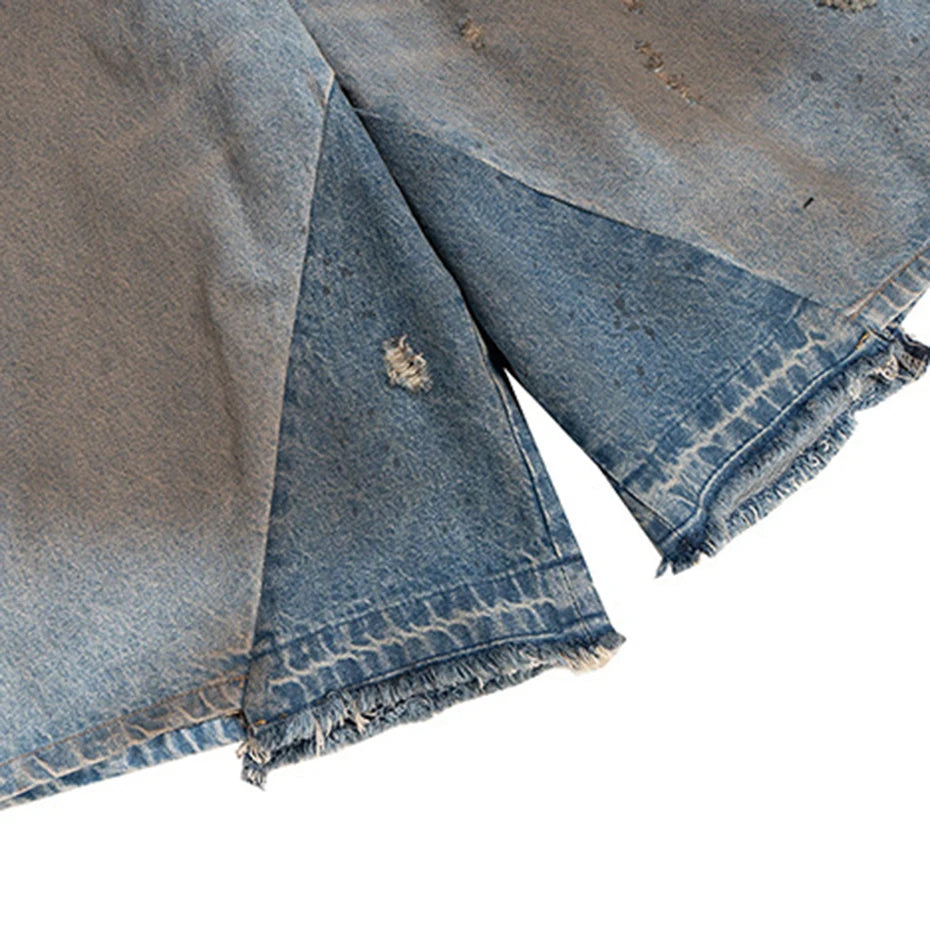 Fake Vintage Blue Ripped Wide Leg Denim Shorts — fabric close-up