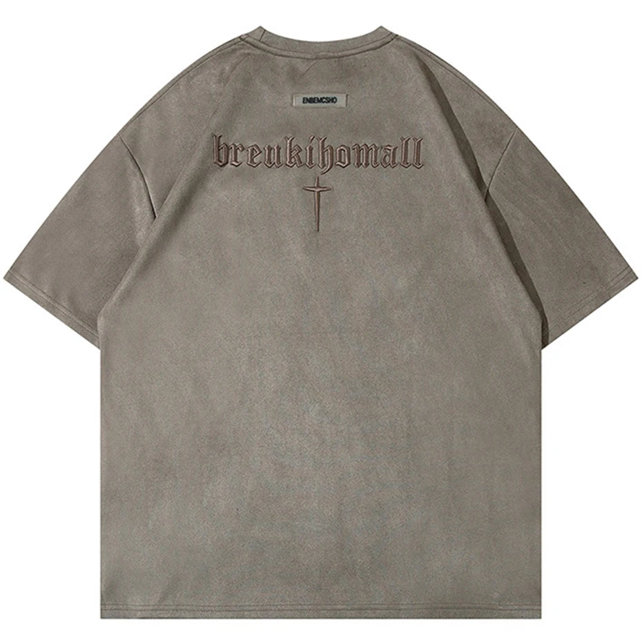 Letter Embroidered Suede Oversized T-Shirt — side view