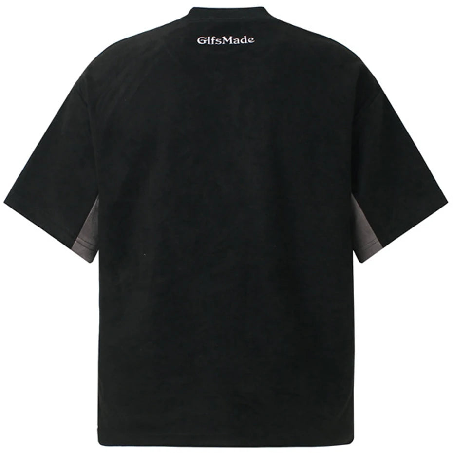 Patchwork Vintage Embroidered Suede Oversized T-Shirt — front view