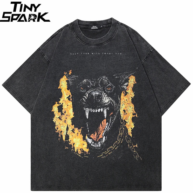 Black Fire Flame Washed T-Shirt — front view