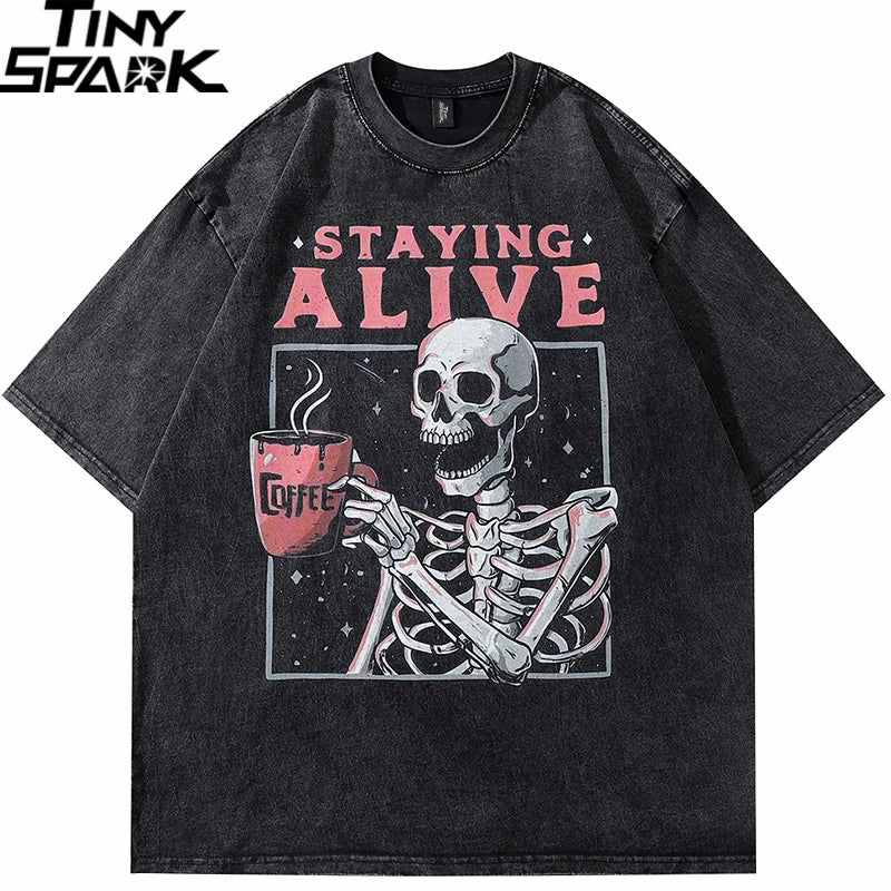 Retro Black Skull Skeleton Washed Oversized T-Shirt — front view