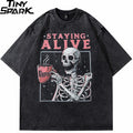Retro Black Skull Skeleton Washed Oversized T-Shirt — front view
