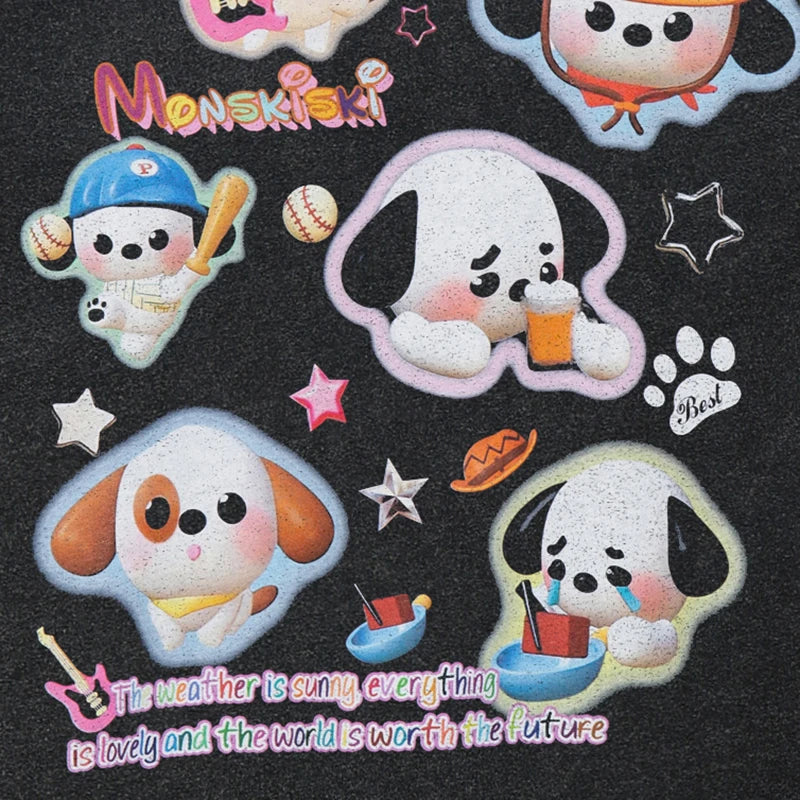 Retro Black Cartoon Washed T-Shirt — front view