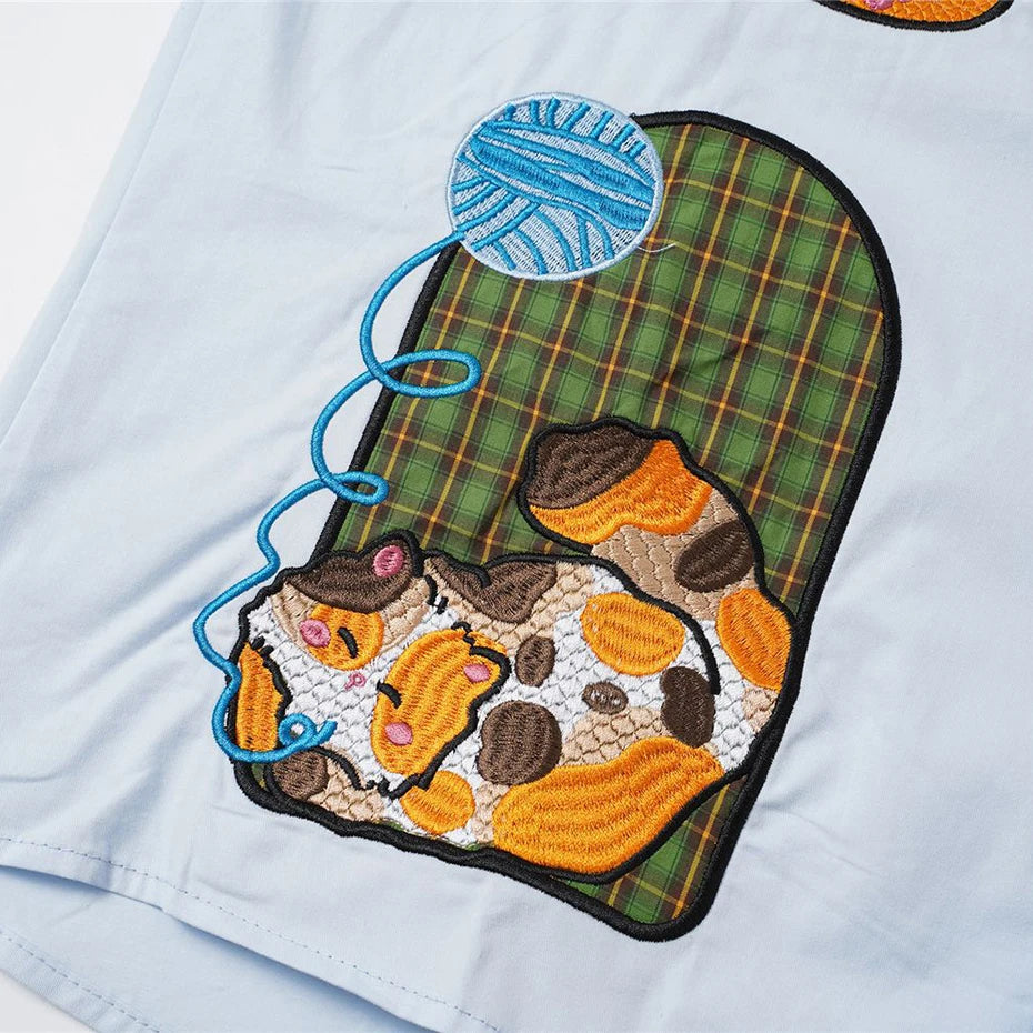 Funny Vintage Cat Embroidered Oversized Shirt — fabric close-up