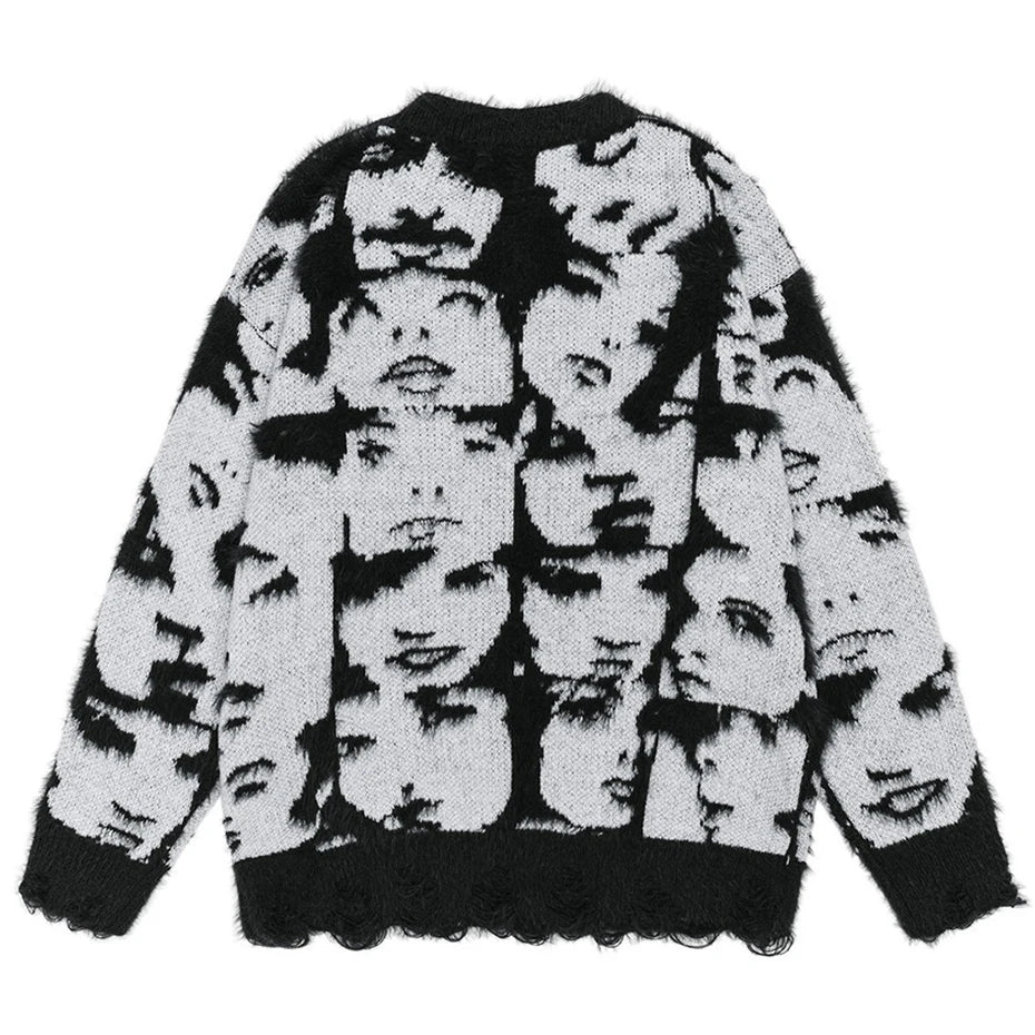 Y2K Face Graphic Knit Oversized Sweater — front view