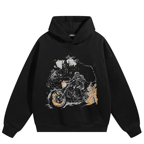 Moto Black Graphic Hoodie — fabric close-up