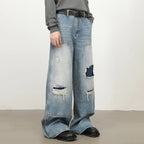 Patchwork Vintage Blue Ripped Denim Baggy Jeans — detail shot