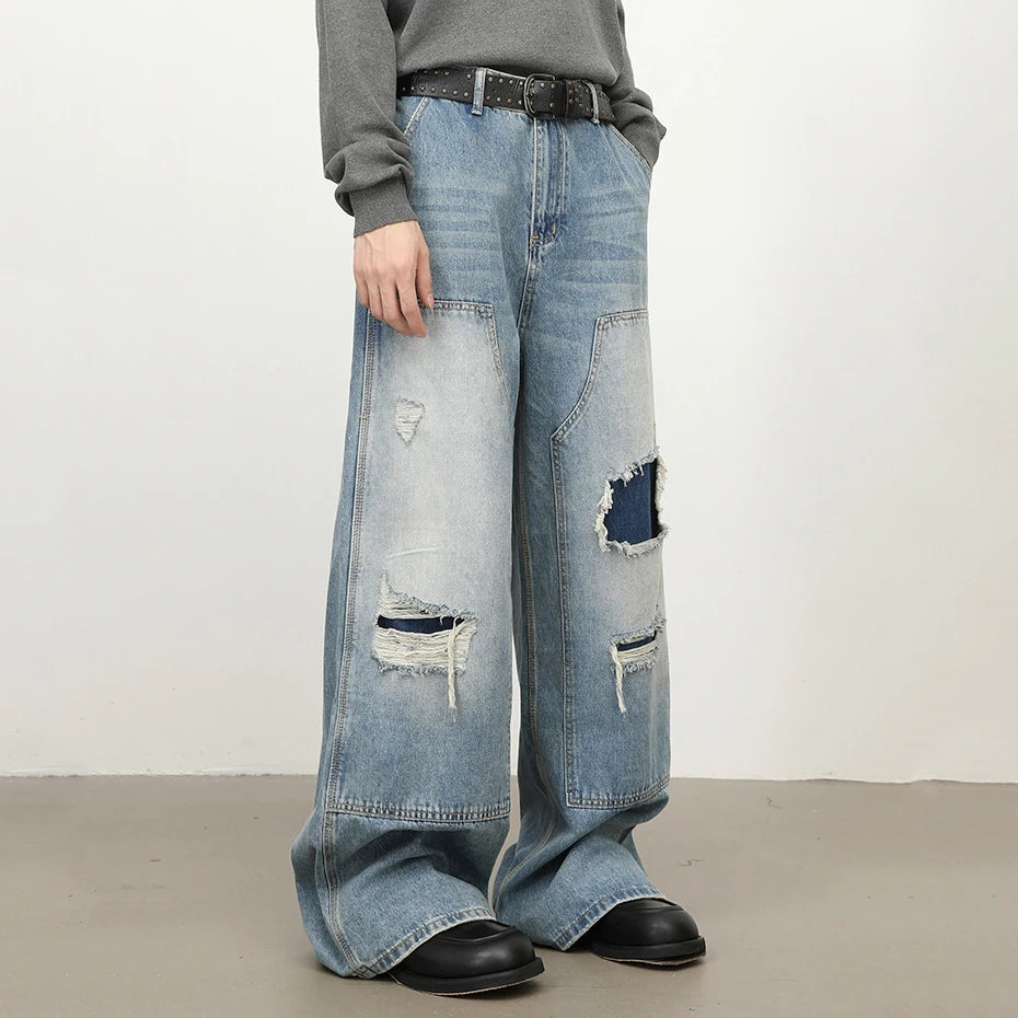 Patchwork Vintage Blue Ripped Denim Baggy Jeans — detail shot