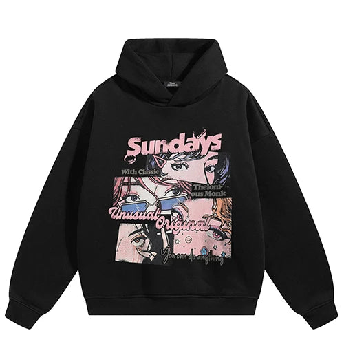Black Anime Cartoon Graphic Hoodie — fabric close-up