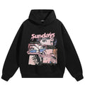 Black Anime Cartoon Graphic Hoodie — fabric close-up