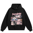 Black Anime Cartoon Graphic Hoodie — fabric close-up