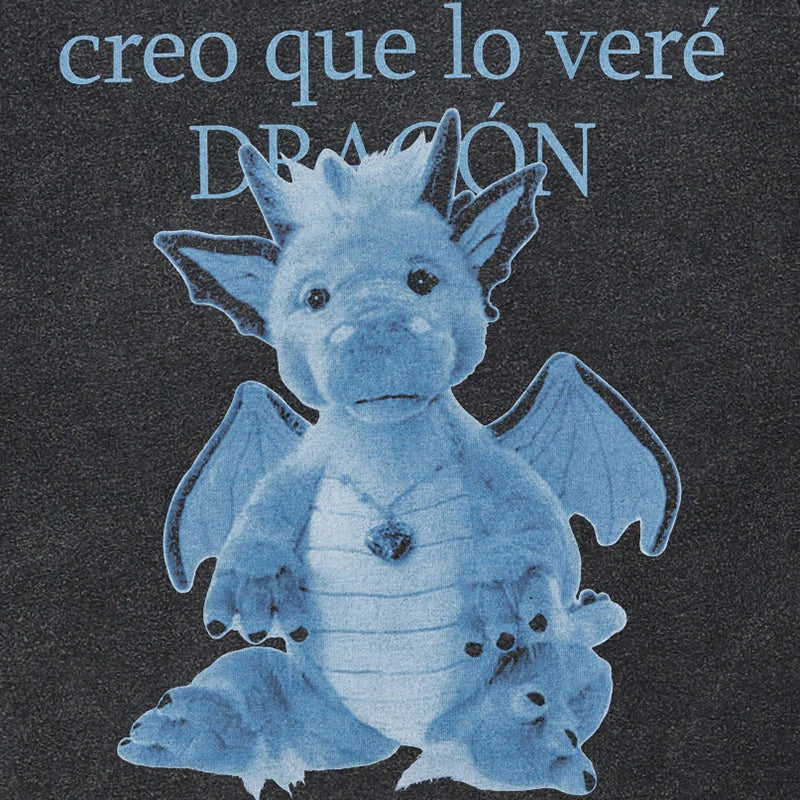 Retro Black Baby Dragon Cartoon Washed T-Shirt — front view