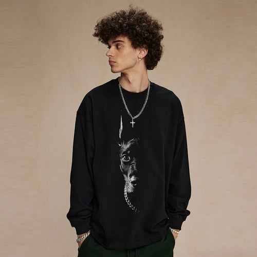 Black Face Doberman Graphic Long Sleeve Tee — front view