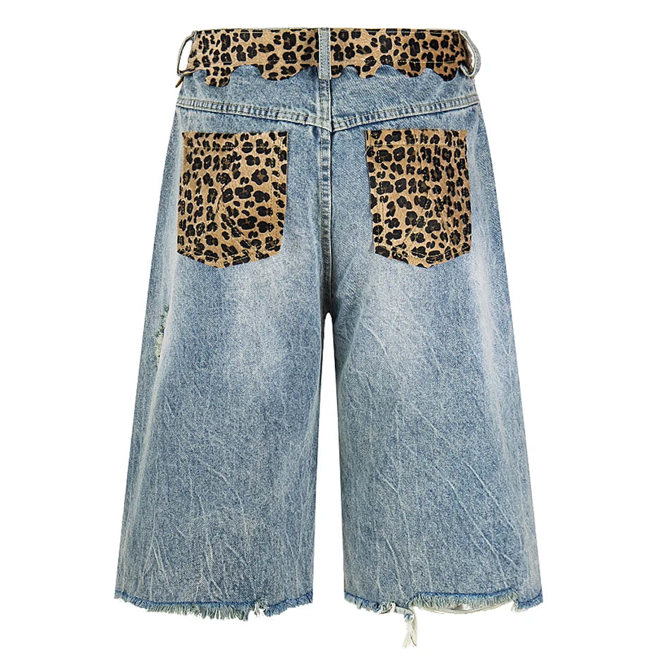 Vintage Leopard Patchwork Loose Denim Shorts — back view