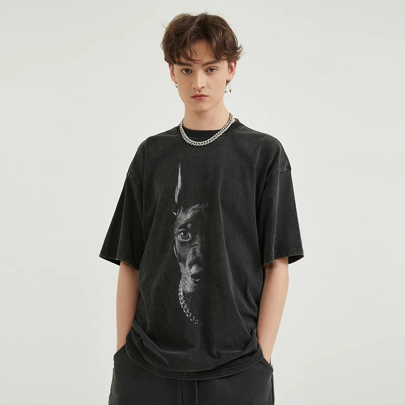 Cotton Black Doberman Dog Graphic Oversized T-Shirt — front view