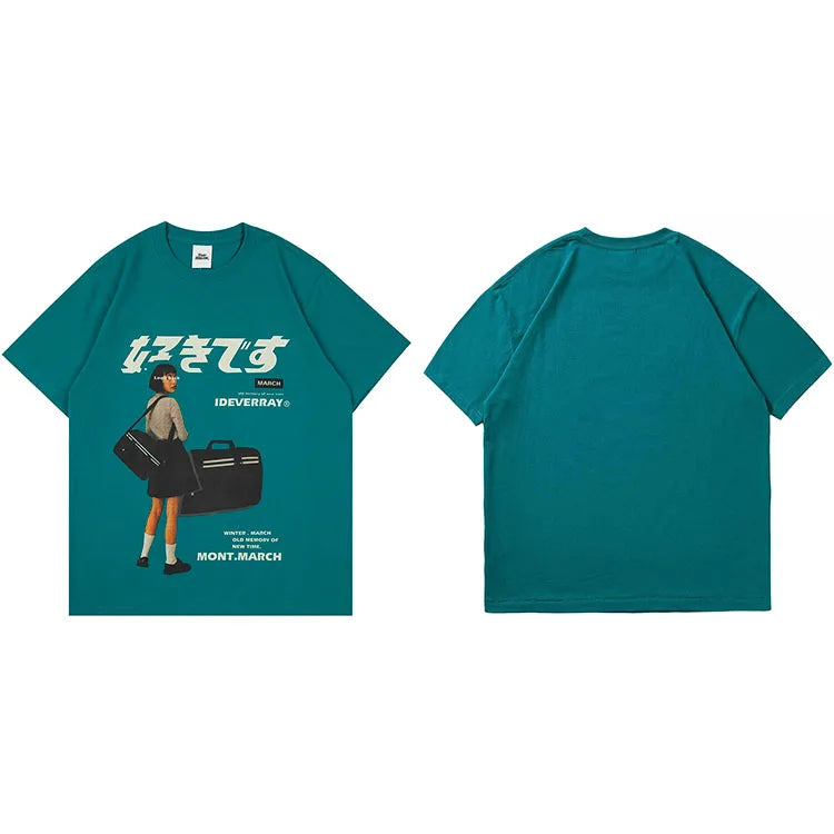 Girl Kanji Print Loose T-Shirt — fit shot