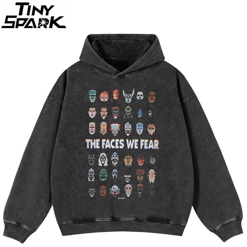 Black Scary Faces Graphic Oversized Hoodie — front view