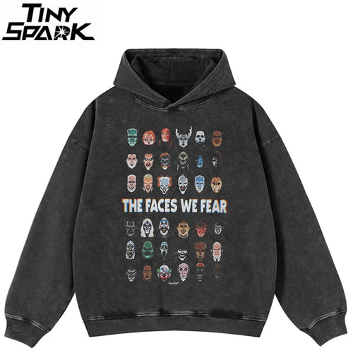 Black Scary Faces Graphic Oversized Hoodie — front view