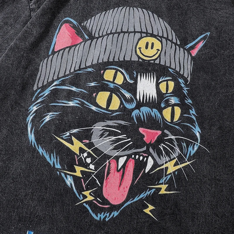 Retro Black Cat Washed Oversized T-Shirt — detail shot