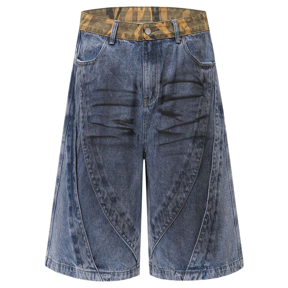Black Vintage Blue Patchwork Loose Denim Shorts — back view