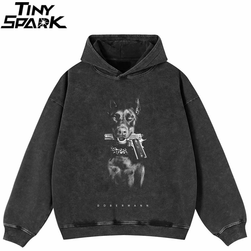 Washed Black Doberman Dog Graphic Oversized Hoodie — front view