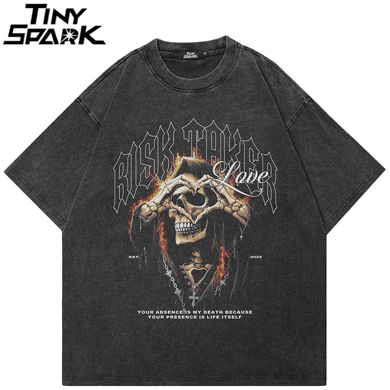 Goth Black Flame Skull Faded T-Shirt — front view