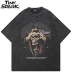 Goth Black Flame Skull Faded T-Shirt — front view