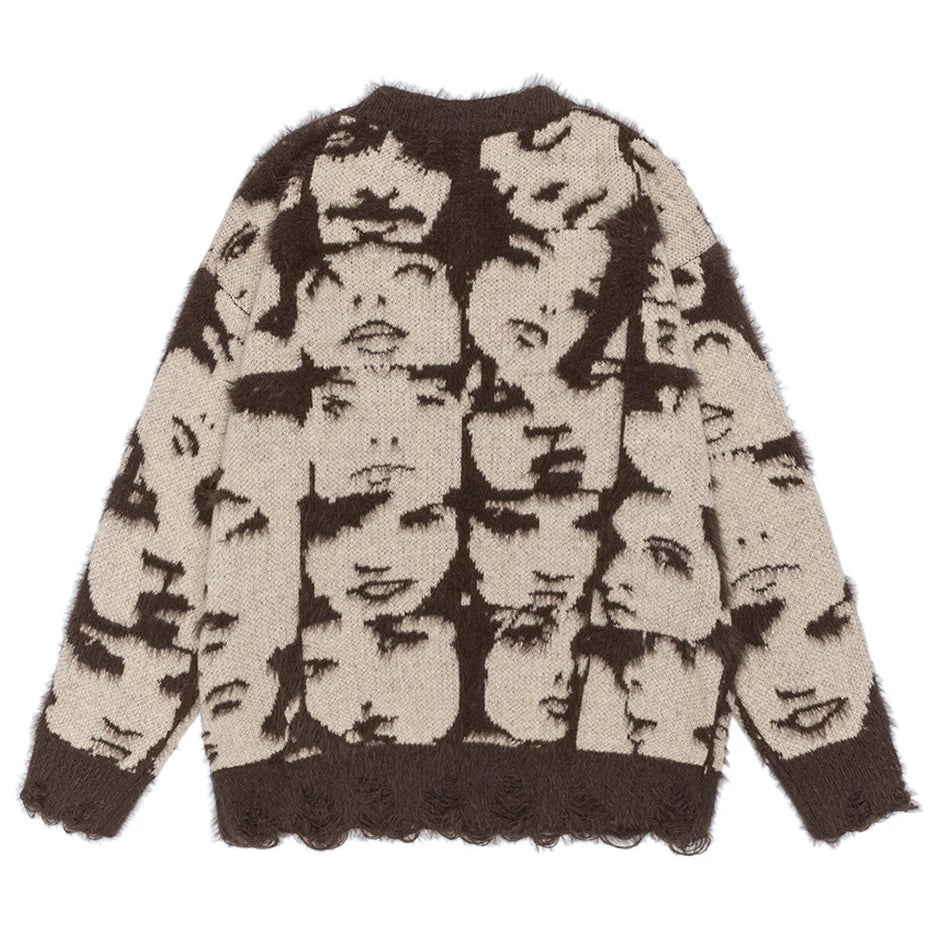 Y2K Face Graphic Knit Oversized Sweater — detail shot