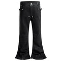 Red Black Print Denim Flare Jeans — fabric close-up