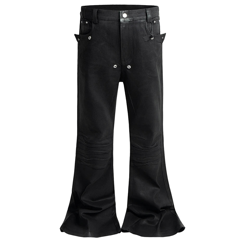 Red Black Print Denim Flare Jeans — fabric close-up