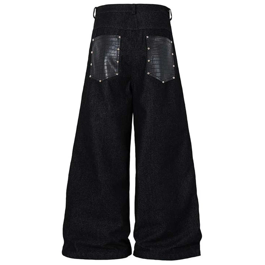 Rivet Black Patchwork Denim Baggy Jeans — back view