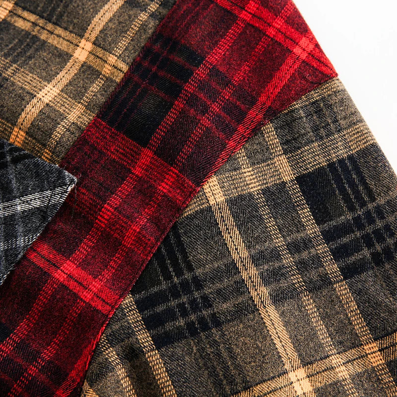 Retro Red Plaid Checkered Patchwork Oversized Shirt — fit shot