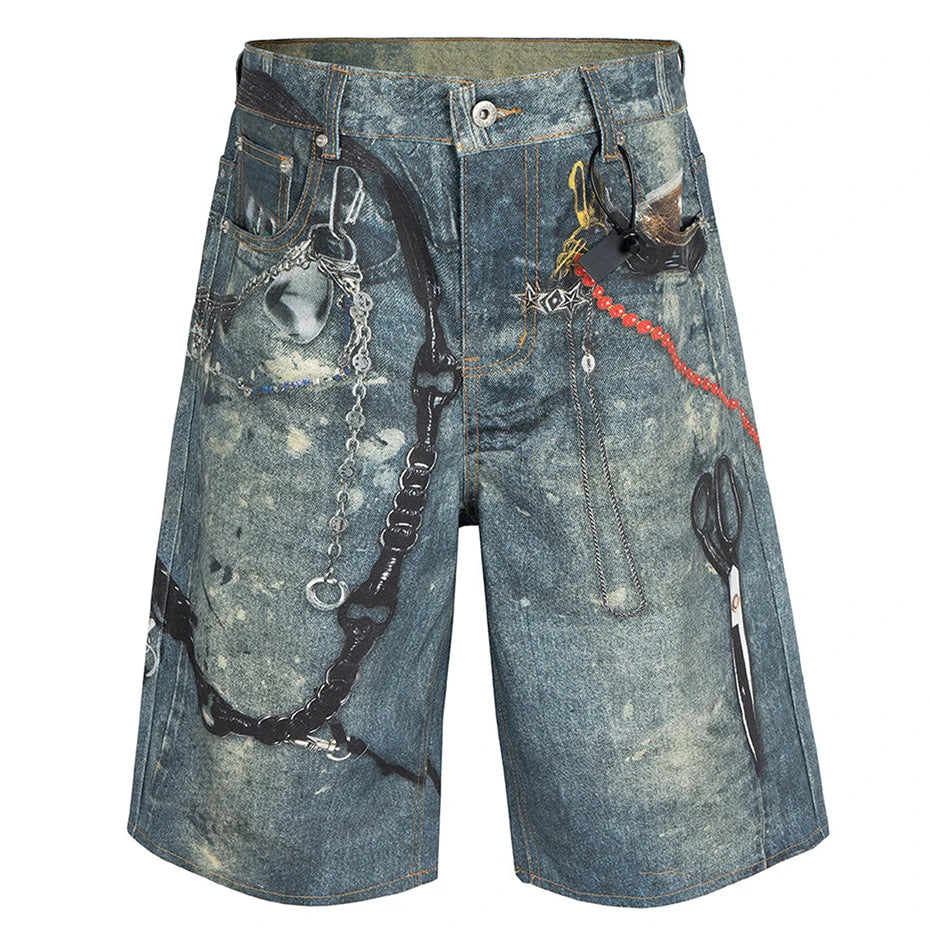 Vintage Blue Chain Graphic Loose Denim Shorts — back view
