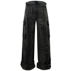 Black Car Embroidered Denim Loose Jeans — fabric close-up