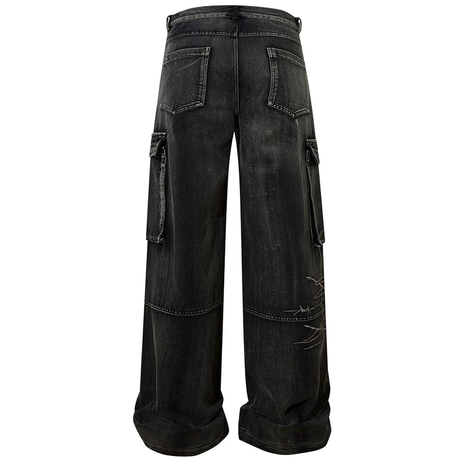 Black Car Embroidered Denim Loose Jeans — fabric close-up