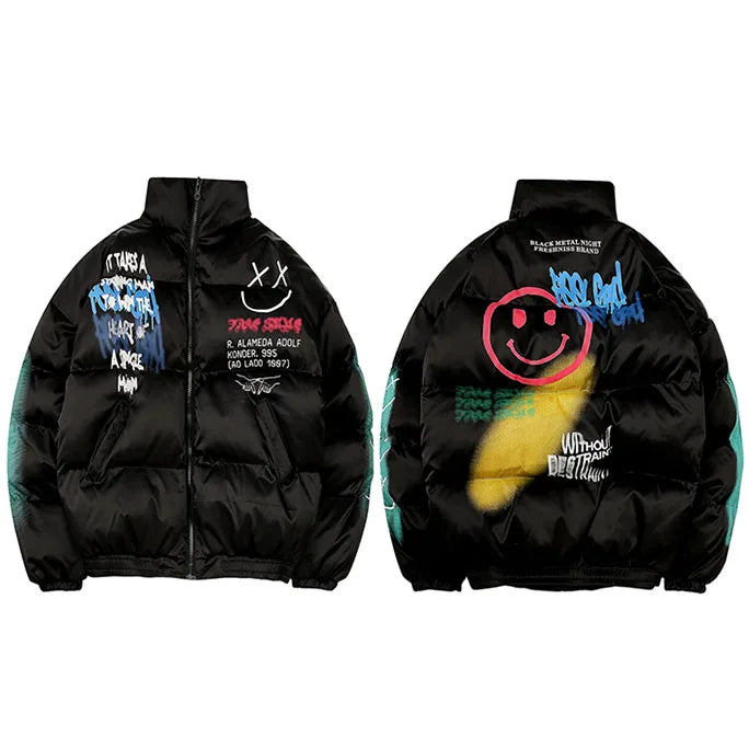 Graffiti Print Puffer Jacket — side view