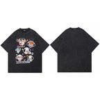 Retro Black Cartoon Washed T-Shirt — fabric close-up