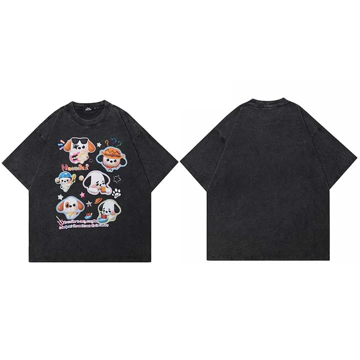 Retro Black Cartoon Washed T-Shirt — fabric close-up
