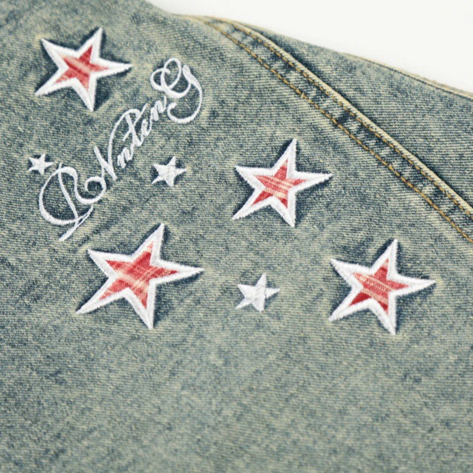 Vintage Blue Star Embroidered Denim Shorts — fabric close-up
