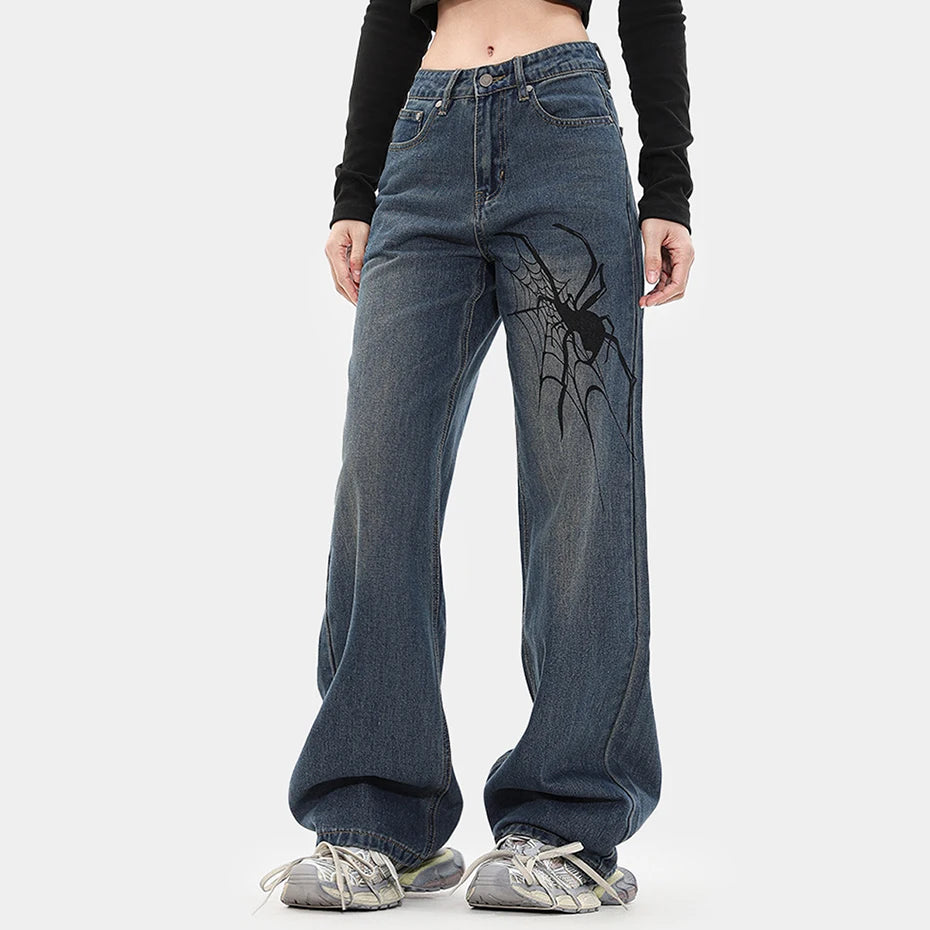 Y2K Blue Spider Print Denim Baggy Jeans — front view