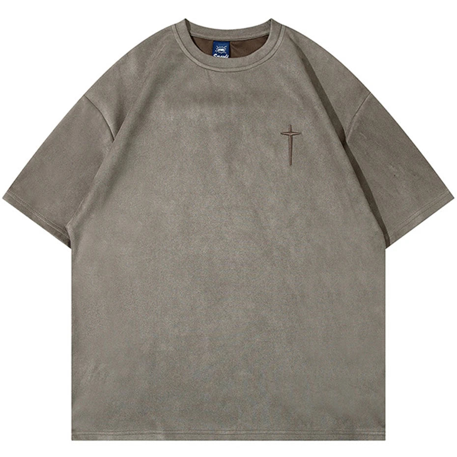 Letter Embroidered Suede Oversized T-Shirt — front view