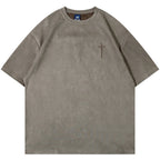 Letter Embroidered Suede Oversized T-Shirt — front view