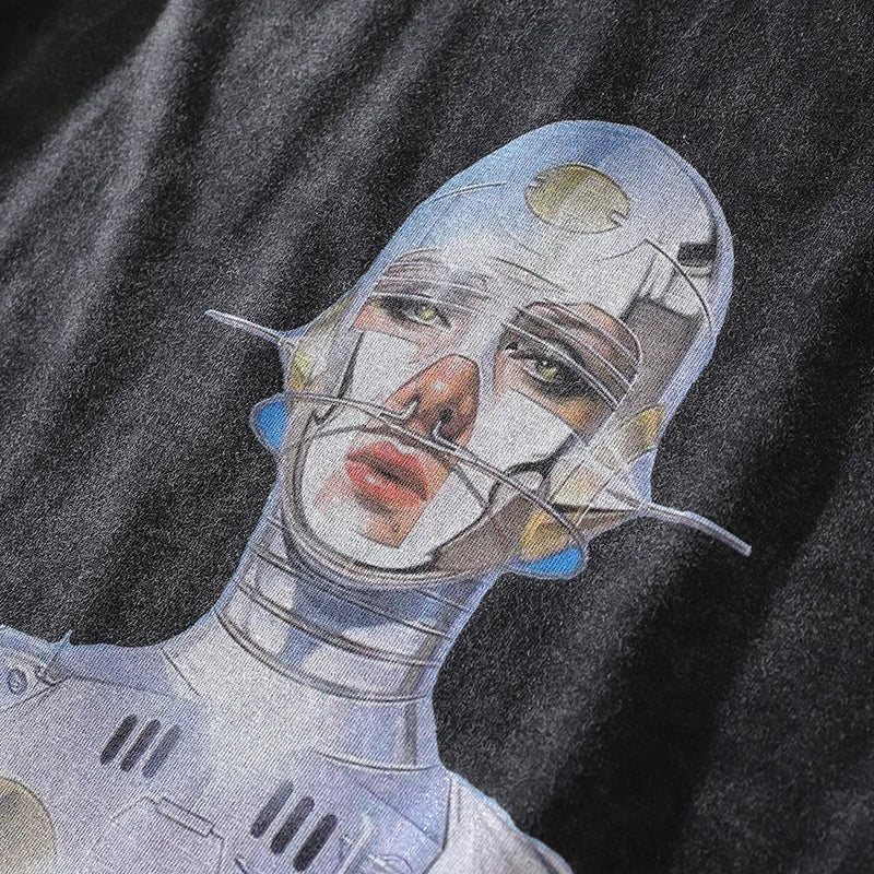 Retro Black Robot Washed Oversized T-Shirt — detail shot
