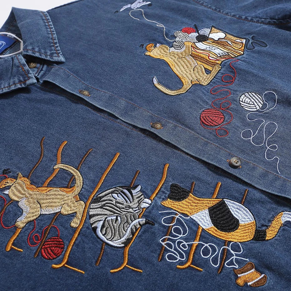 Vintage Cat Embroidered Denim Loose Shirt — detail shot