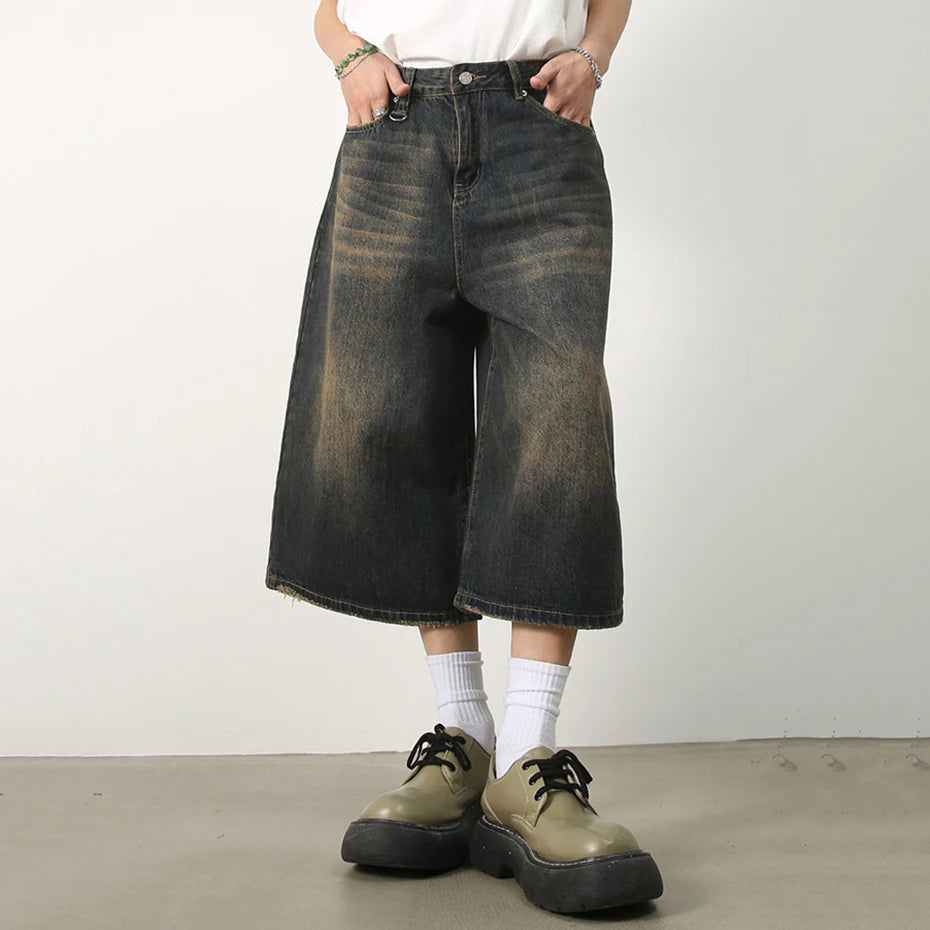 Vintage Wide Leg Denim Shorts — front view